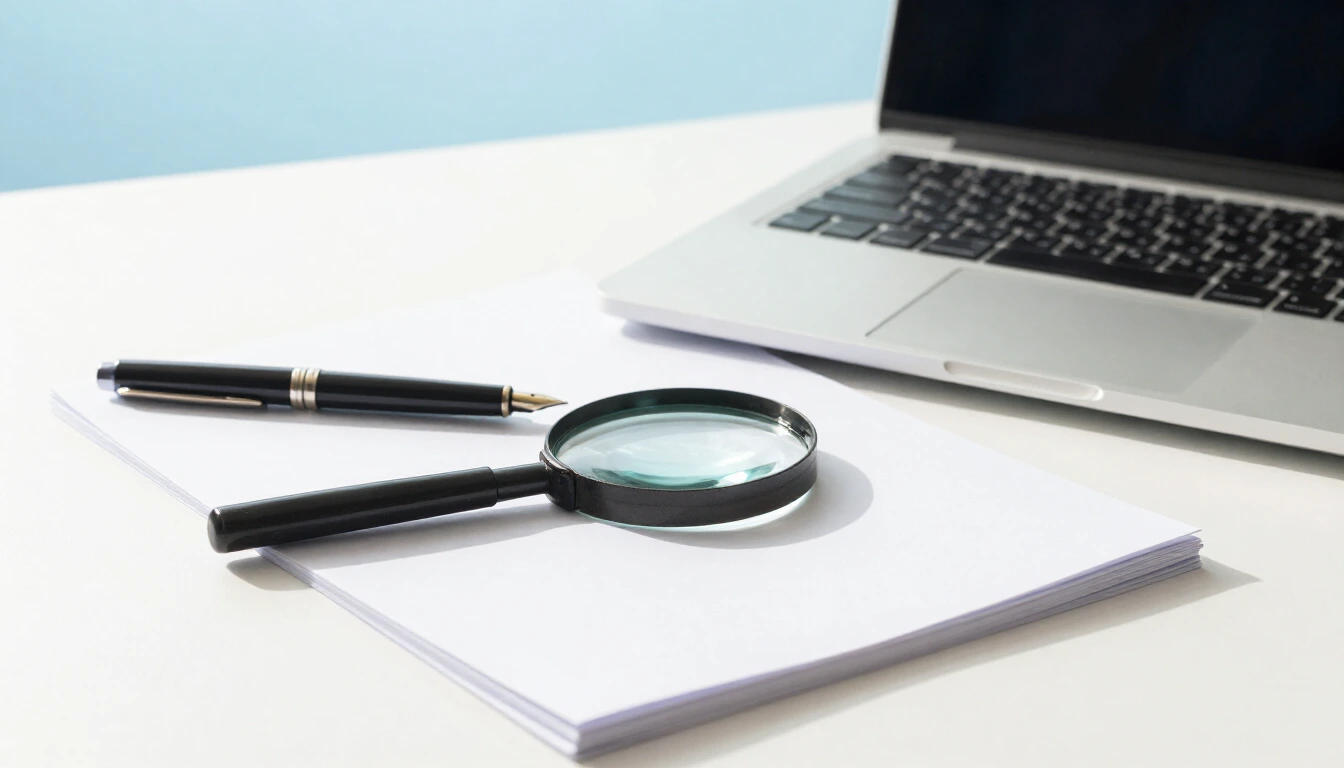 A magnifying glass on a stack of blank contract papers next to a pen and a closed laptop on a bright desk