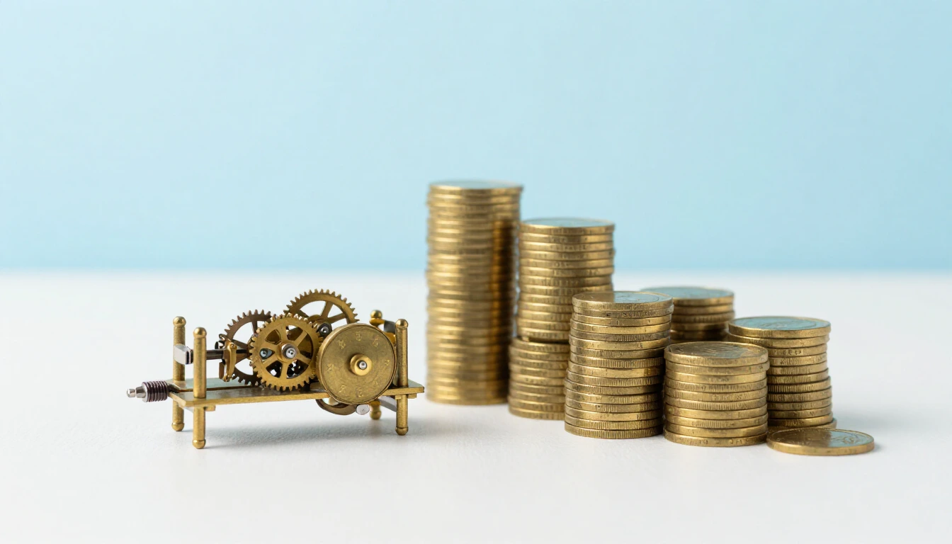 A small brass clockwork engine with gears on a white desk beside tall stacks of plain gold coins
