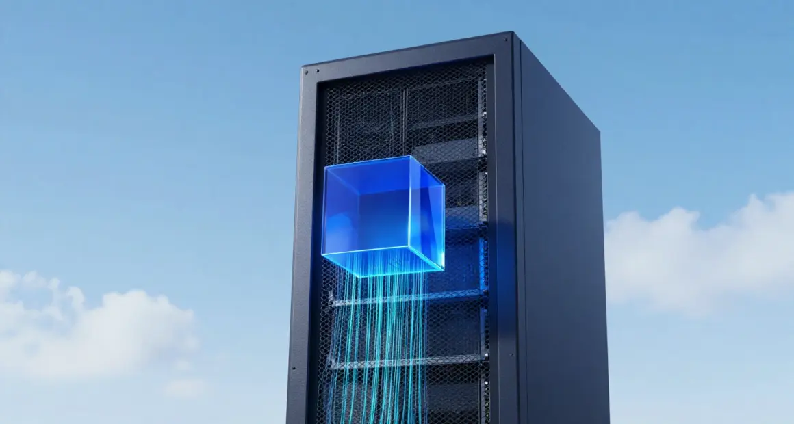 Small glowing cobalt-blue glass cube in front of a tall dark-navy server rack, light streams flowing down, bright blue sky