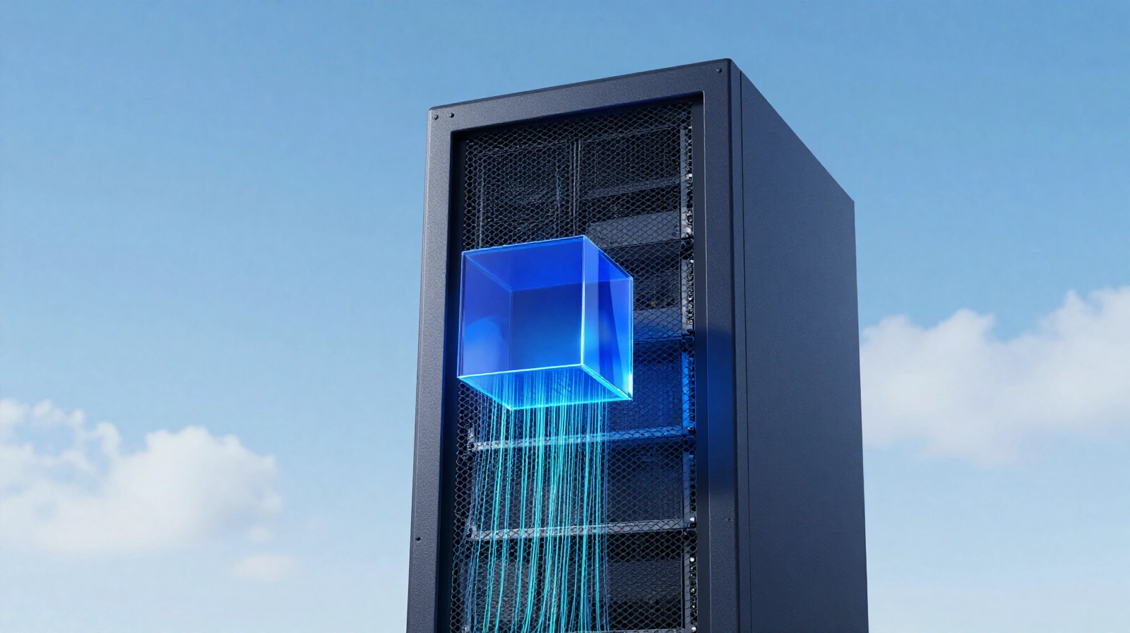 Small glowing cobalt-blue glass cube in front of a tall dark-navy server rack, light streams flowing down, bright blue sky