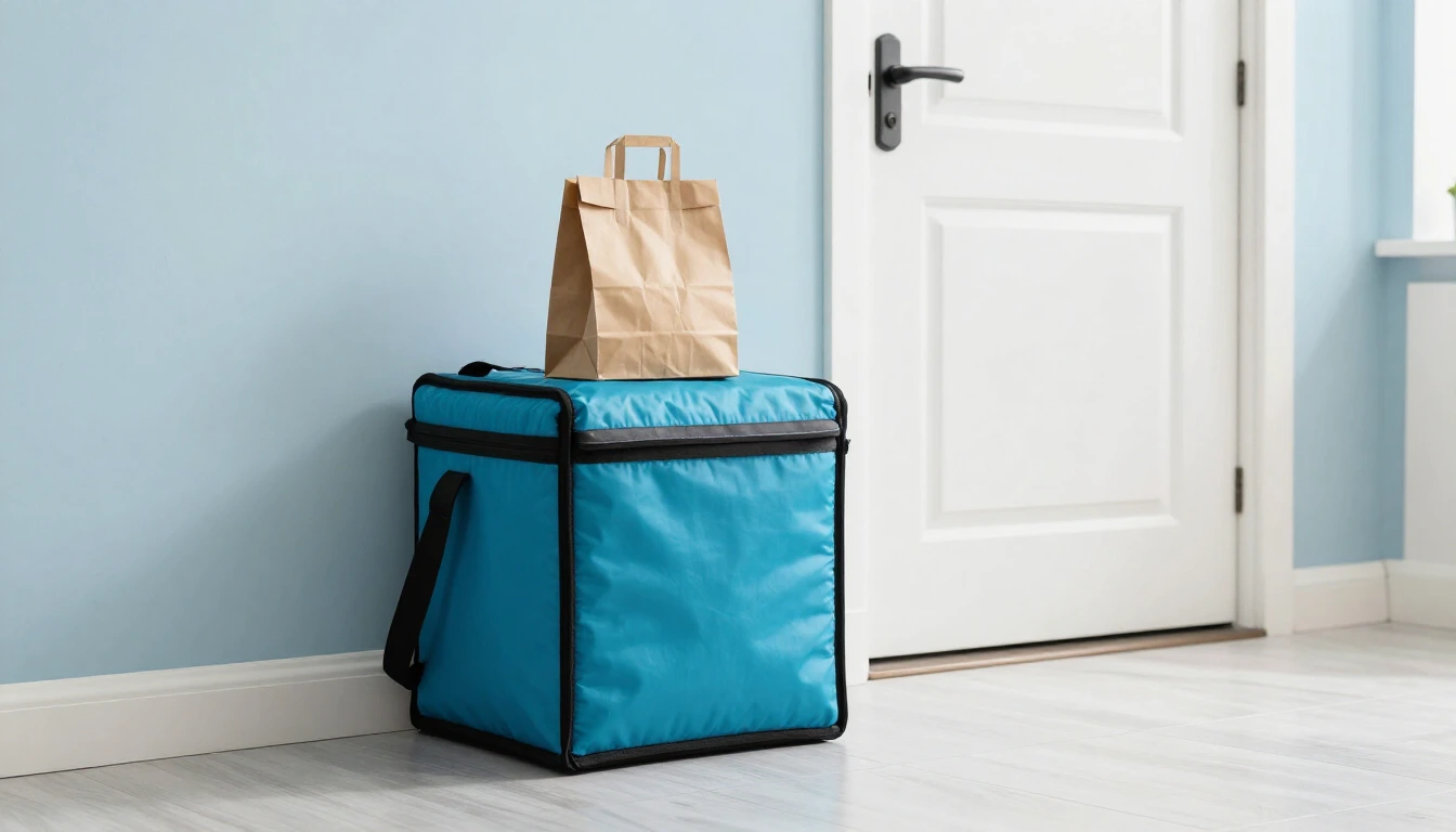 An insulated food delivery box with a paper takeaway bag on top, waiting next to a closed apartment door