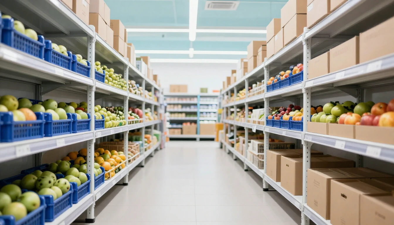 A bright grocery fulfillment warehouse aisle with shelves of fruit crates and plain cardboard boxes