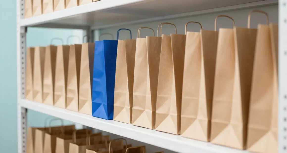 Long rows of plain brown paper takeaway bags on bright white warehouse shelves, with a single blue bag among them