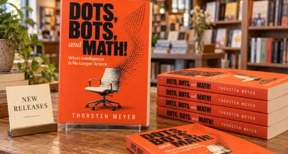 Illustrated bookstore display with the orange cover of Dots, Bots, and Math! by Thorsten Meyer on a stand next to a New Releases sign