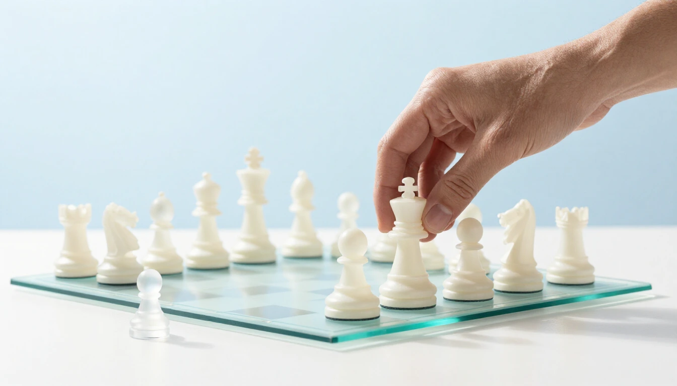 A hand moves white chess pieces closer together on a pale glass chessboard while one small translucent piece stands off the board