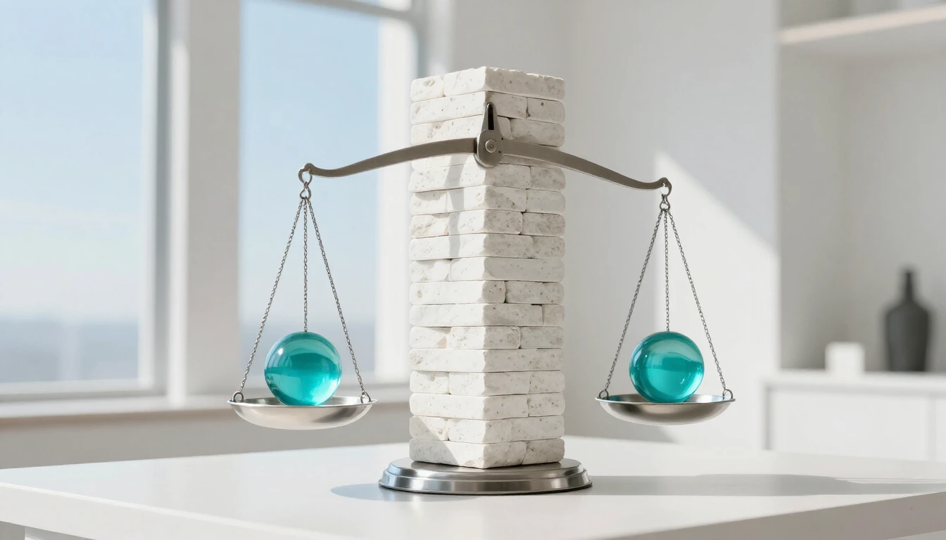 A tall column of white stone blocks rises over a balance scale on a white table, dwarfing a turquoise glass sphere on each pan