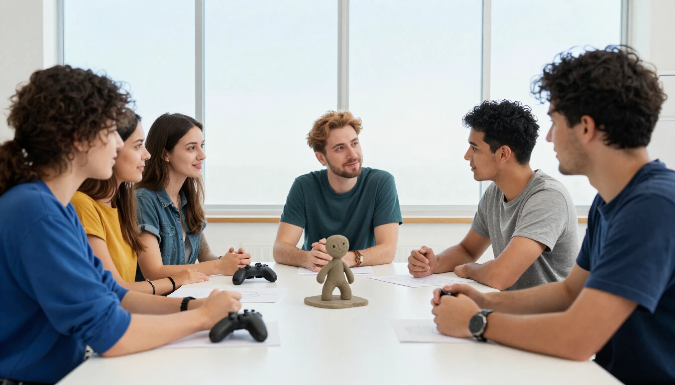A small team of game developers talks around a white table with sketch paper, game controllers and a clay figurine