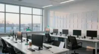 An empty creative studio office at dusk with rows of white desks, switched-off monitors, empty chairs and a wall of blank storyboard cards, one turquoise desk lamp still on