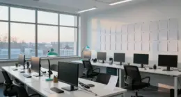 An empty creative studio office at dusk with rows of white desks, switched-off monitors, empty chairs and a wall of blank storyboard cards, one turquoise desk lamp still on