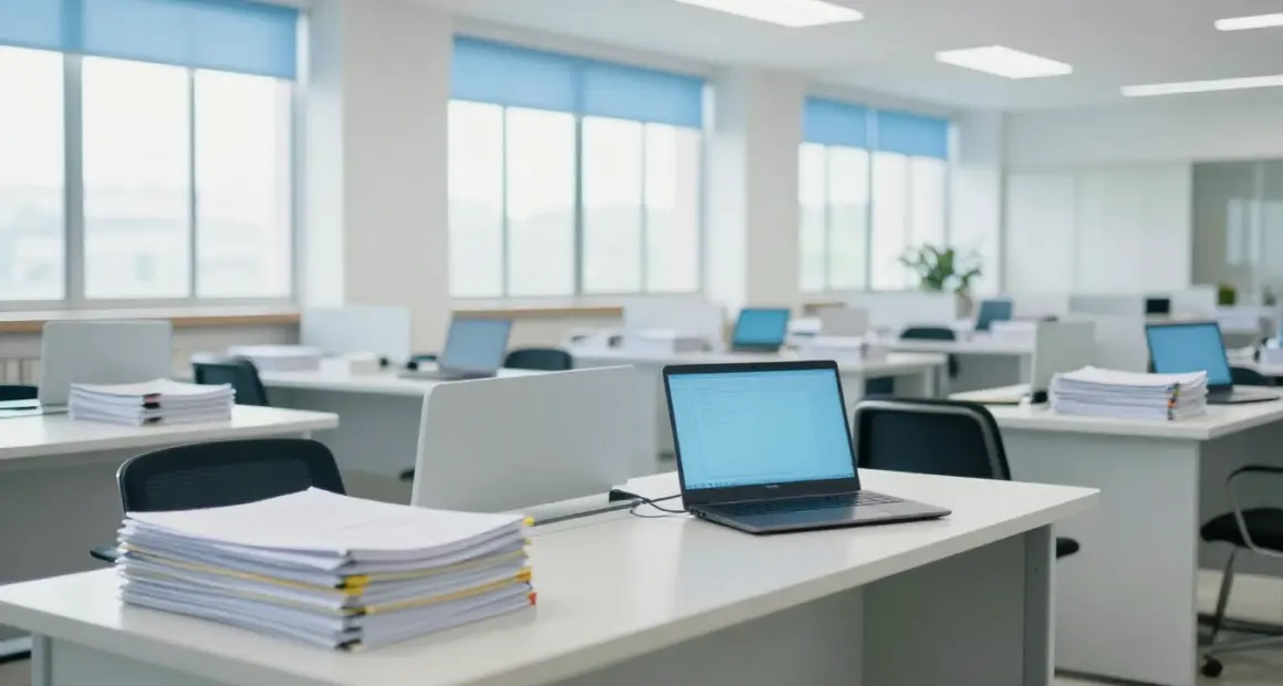 A bright government office hall with rows of white desks, many chairs empty, stacks of paper files and one open laptop