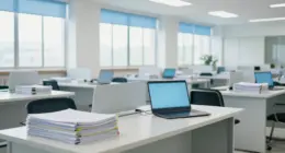 A bright government office hall with rows of white desks, many chairs empty, stacks of paper files and one open laptop