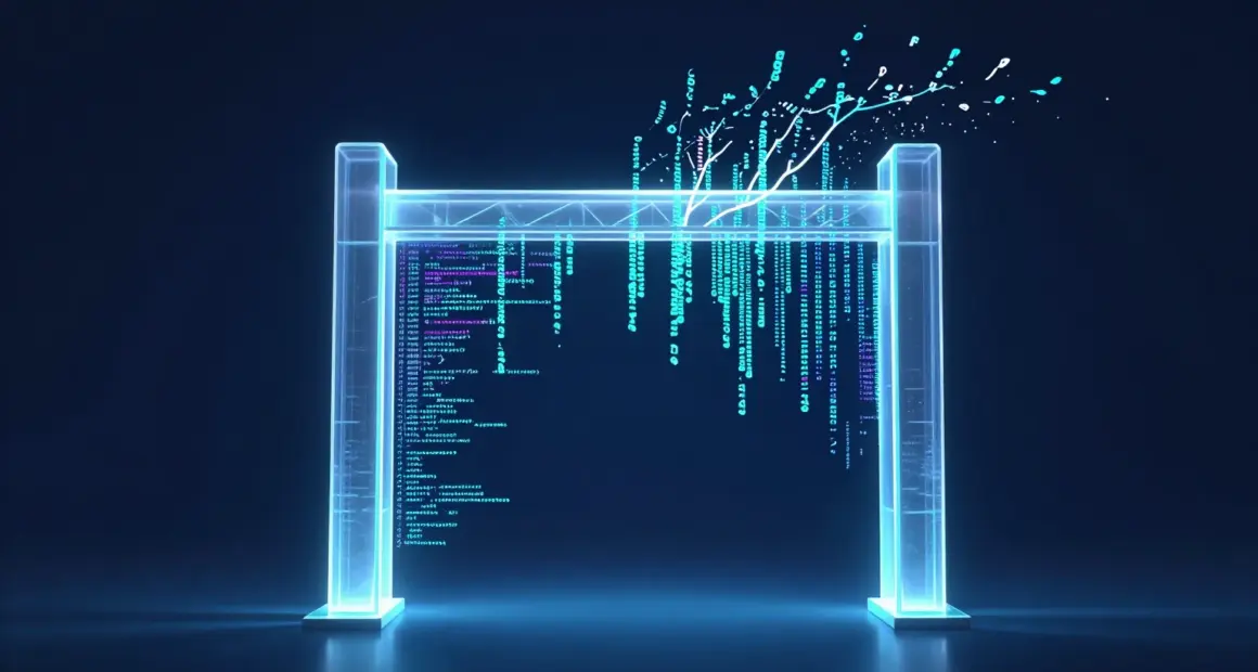 Glowing glass gateway with streams of code passing through and a luminous branch growing above it