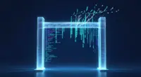 Glowing glass gateway with streams of code passing through and a luminous branch growing above it
