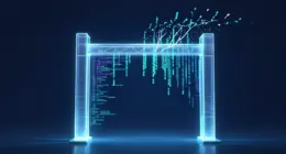 Glowing glass gateway with streams of code passing through and a luminous branch growing above it