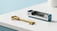 A brass key lying on a white desk next to an opened lock mechanism with its pins visible