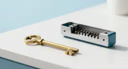 A brass key lying on a white desk next to an opened lock mechanism with its pins visible