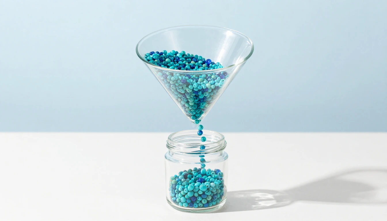 A wide glass funnel full of turquoise and blue beads, with only a thin stream falling into a small jar below