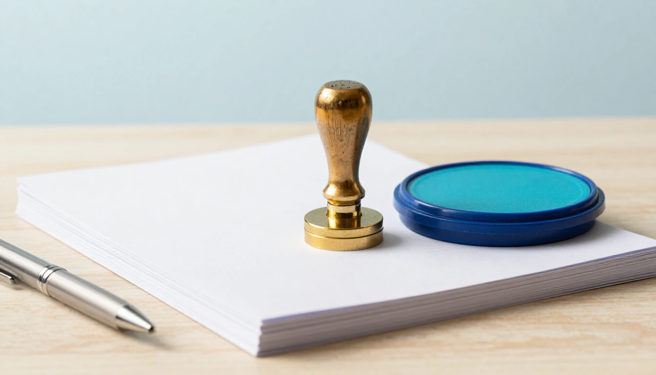 A brass approval stamp and a blue ink pad on a stack of blank white paper on a wooden desk