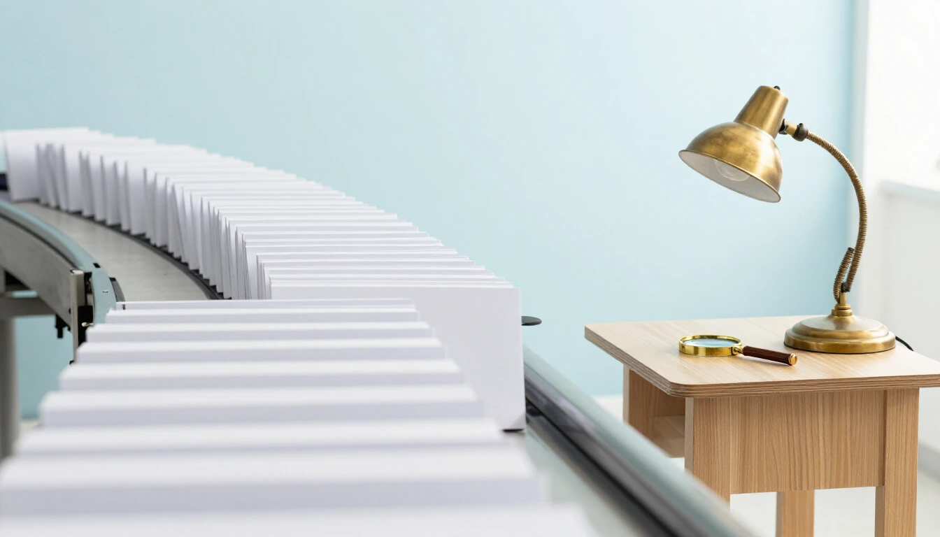 A long line of white paper folders on a conveyor belt leading to a small wooden desk with a brass lamp and a magnifying glass