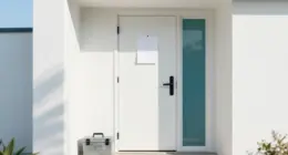 A white front door with a small blank paper notice taped to it and a closed toolbox waiting on the doorstep