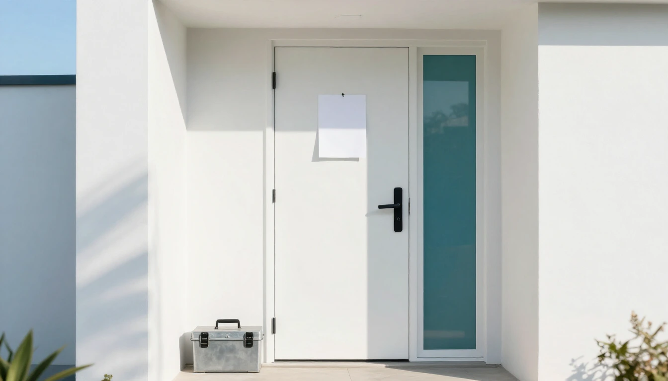 A white front door with a small blank paper notice taped to it and a closed toolbox waiting on the doorstep