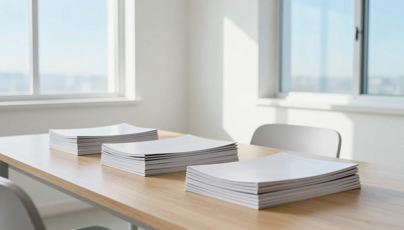 A bright, empty reading room with stacks of plain magazines on a long wooden table and an empty chair