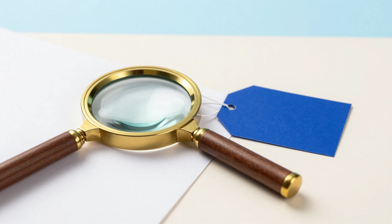 A brass magnifying glass resting on a white card next to a small blank cobalt blue tag