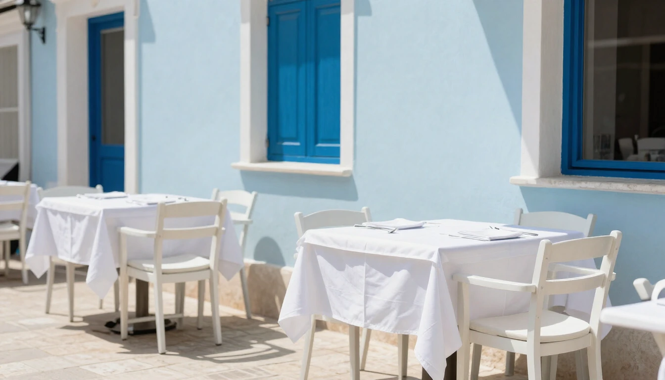 An empty restaurant terrace on a sunny old-town street with white tablecloths and empty chairs