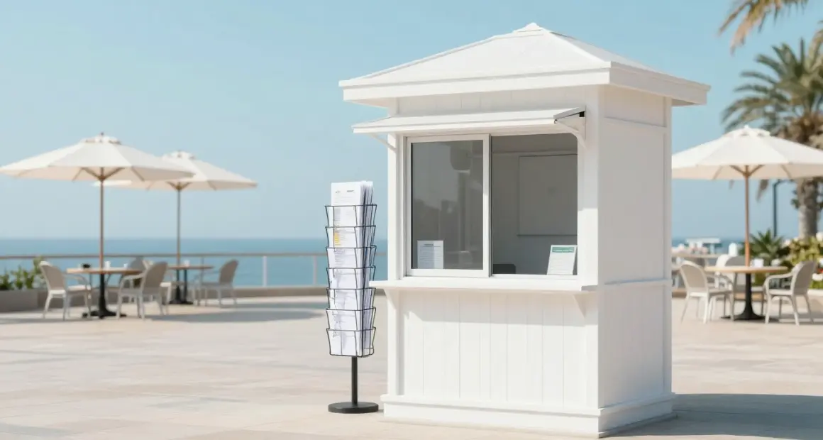 A small white tourist information kiosk with a rack of blank paper maps on a sunny square, empty cafe tables with white parasols behind it