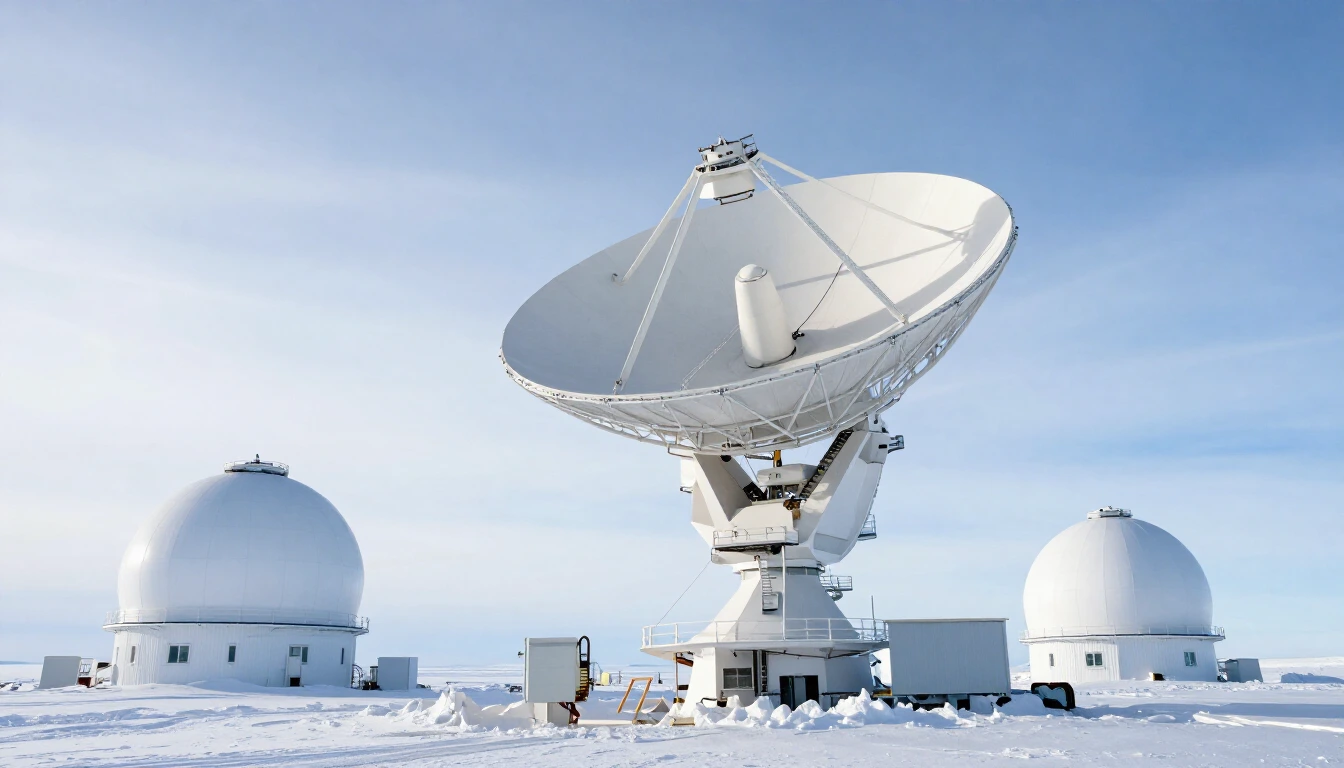 A large white satellite ground station dish and white radome domes on a snowy arctic plateau under a pale blue sky