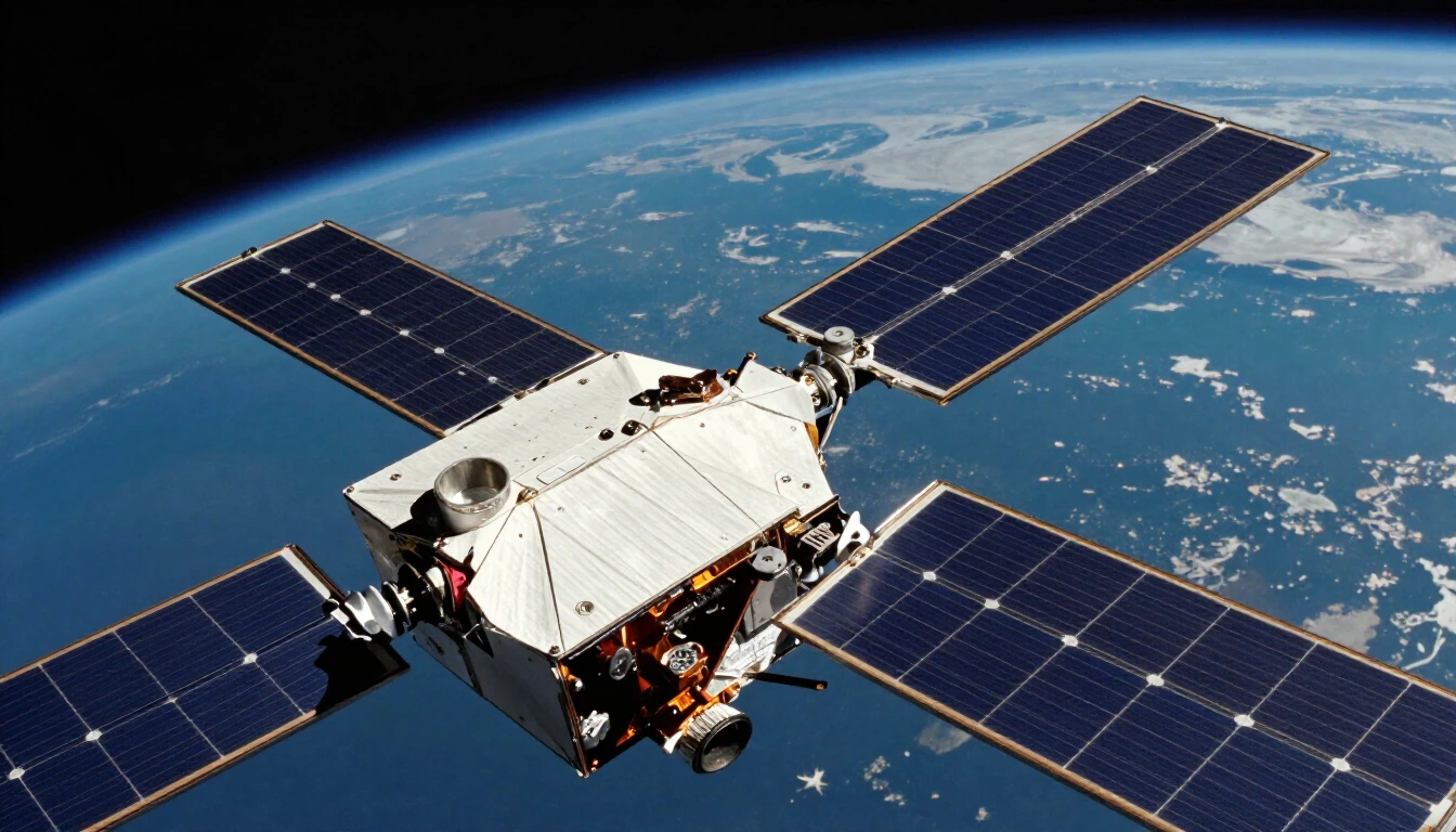 Close-up of a satellite in orbit with flat white radiator panels and dark-blue solar cells, the curve of the Earth behind it