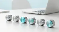 Six brushed aluminium rotary dials in a row on a bright white desk, some with turquoise tops, a laptop out of focus behind them