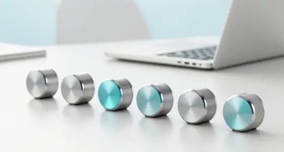 Six brushed aluminium rotary dials in a row on a bright white desk, some with turquoise tops, a laptop out of focus behind them