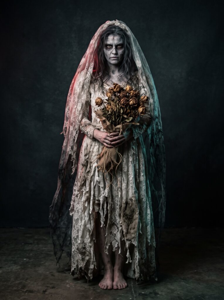 Character reference of the zombie bride: a woman in gray face paint with a long tattered lace veil and a torn white lace wedding dress, barefoot, holding a bouquet of dried brown roses