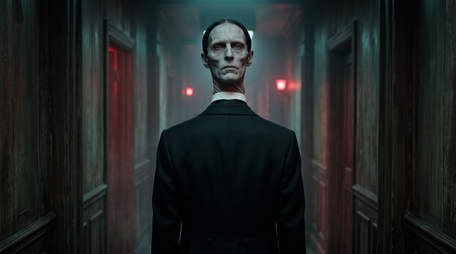 The Tall Man in a dark wood-panelled corridor, the back of his black coat facing the camera while his pale face also looks straight at the camera, his twisted neck folded