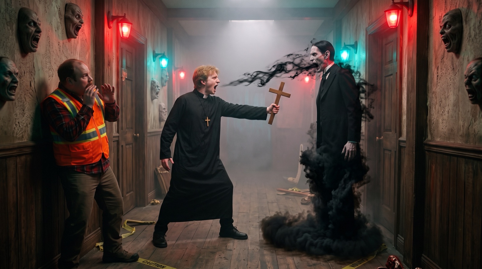 Tommy in a priest costume shouts and thrusts a wooden cross at the Tall Man, whose lower body dissolves into billowing black smoke; Ray cowers against the wall on the left of the corridor
