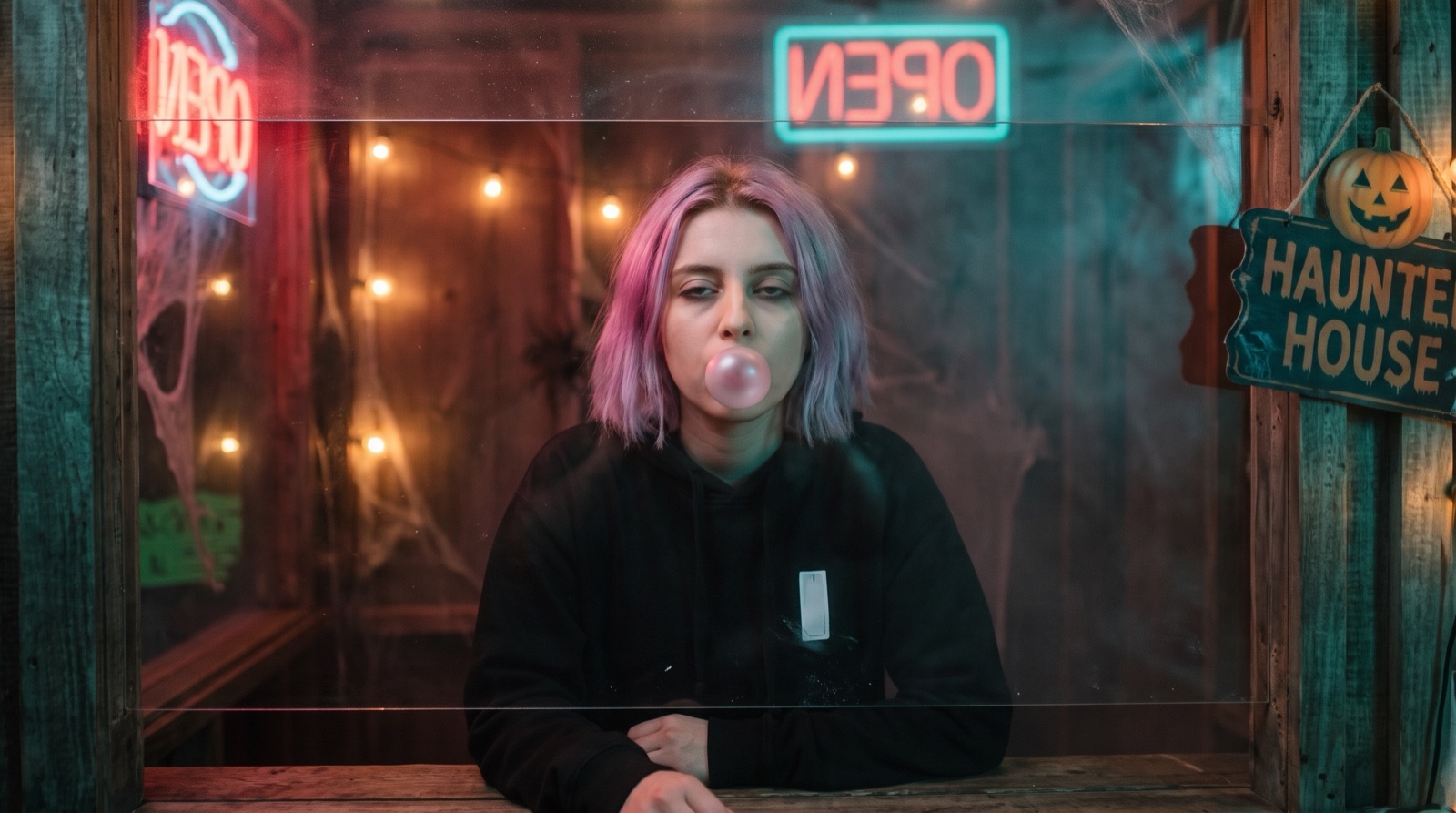 A young woman with a lavender bob blows a pink gum bubble behind the glass of a ticket booth, with a neon OPEN sign seen in reverse from inside, string lights and a wooden HAUNTED HOUSE sign with a carved pumpkin