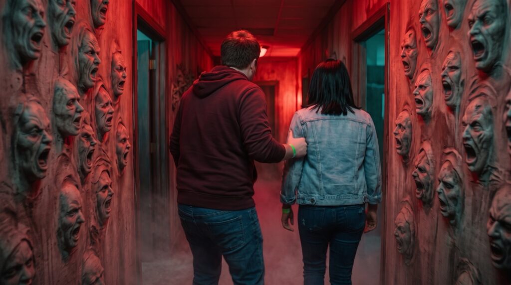 Derek and Priya seen from behind walking down a narrow red-lit corridor whose walls are covered in plaster screaming faces, Derek's hand on Priya's shoulder