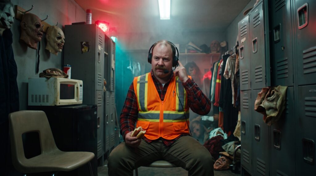 Ray sits on a plastic chair in a cluttered backstage locker room full of masks and costumes, holding a hot dog and touching his headset