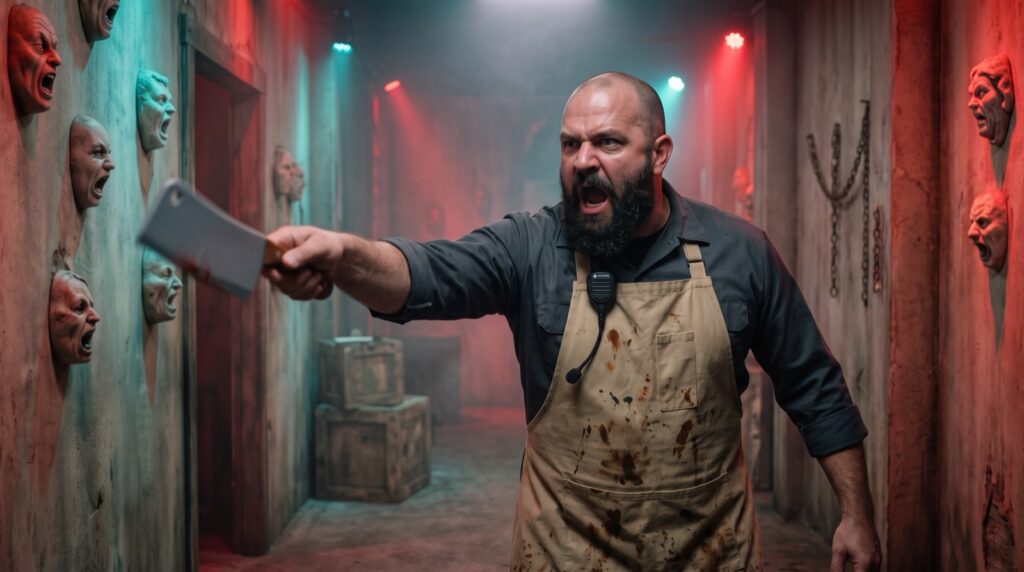 The butcher shouts and points his cleaver off to the left of the frame in a red and teal corridor