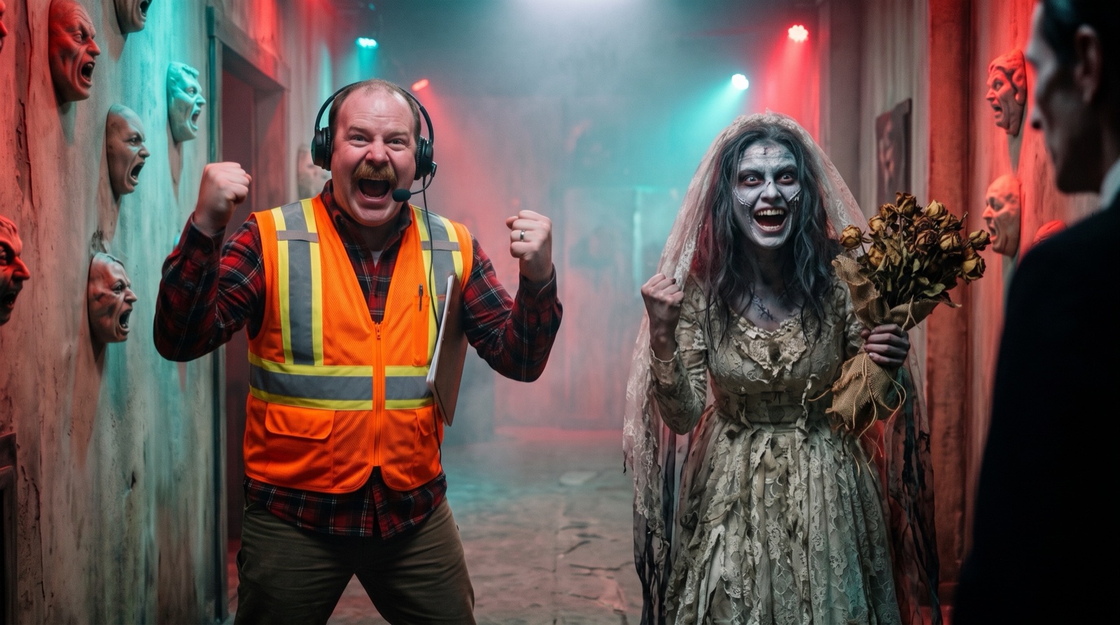 Ray and the zombie bride pump their fists and cheer in the corridor; the dark shoulder of the Tall Man is at the right edge of the frame