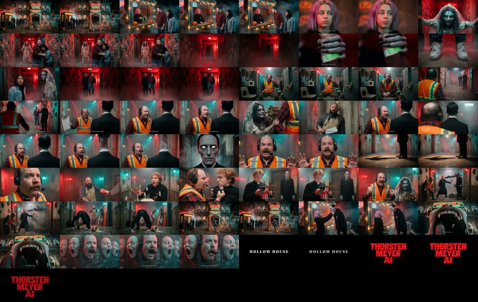 Grid of about sixty small frames from the finished film, from the haunted house facade and ticket booth through the red corridor, the exorcism and the plaster faces, ending with a HOLLOW HOUSE title card and a THORSTEN MEYER AI end card