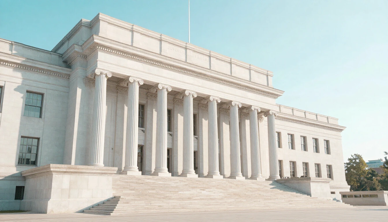 Facade of a large white neoclassical government building with tall columns and wide steps under a clear sky