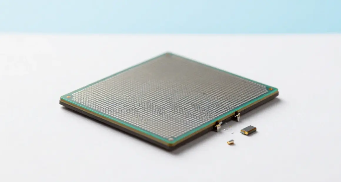 Close-up of a square computer chip package on a white surface with one corner broken off and small fragments lying beside it
