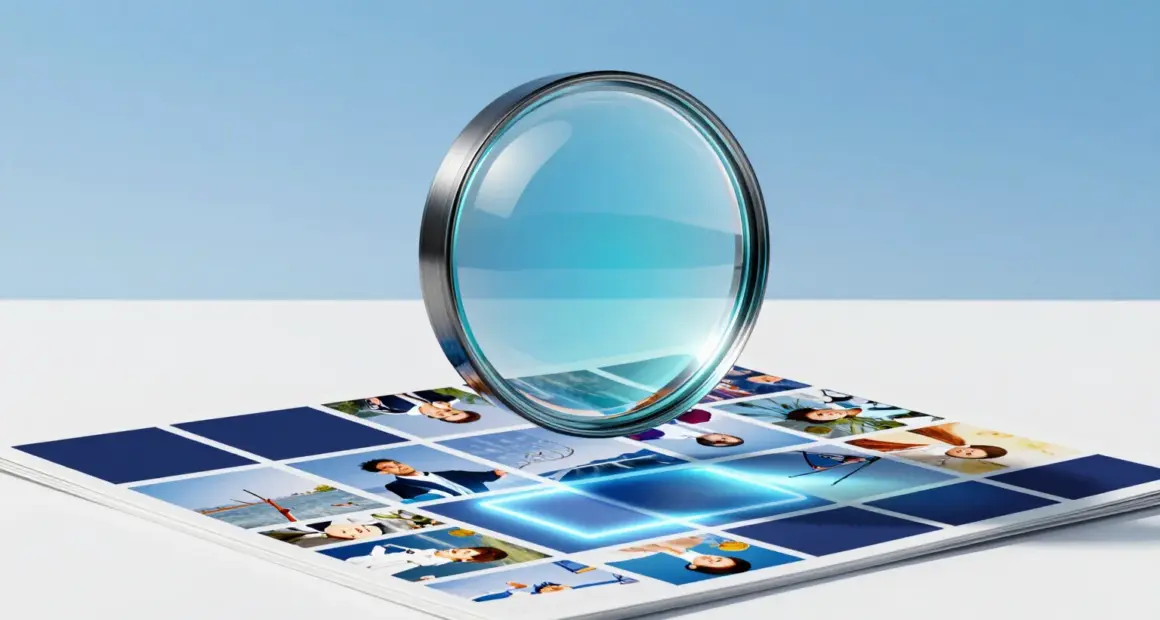 A glass lens above a grid of small photographs on a white desk, with one photo highlighted by a glowing blue selection frame