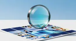 A glass lens above a grid of small photographs on a white desk, with one photo highlighted by a glowing blue selection frame