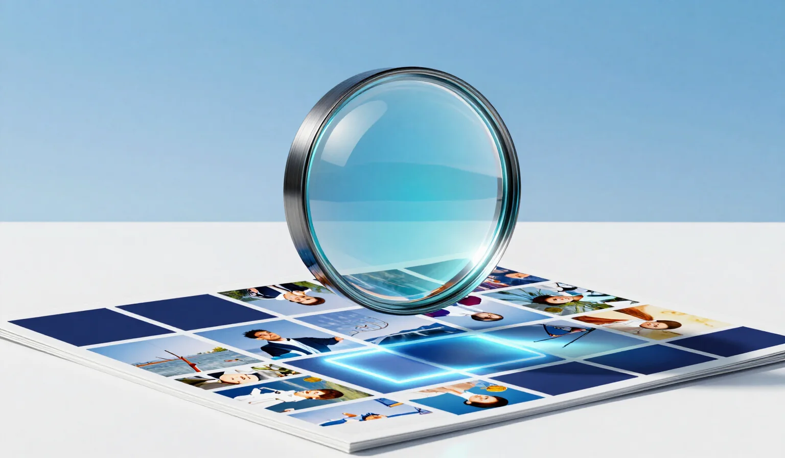 A glass lens above a grid of small photographs on a white desk, with one photo highlighted by a glowing blue selection frame