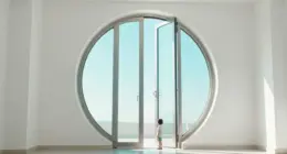 A tall round door of steel and translucent glass stands slightly ajar in a bright white hall, a small person standing in front of it