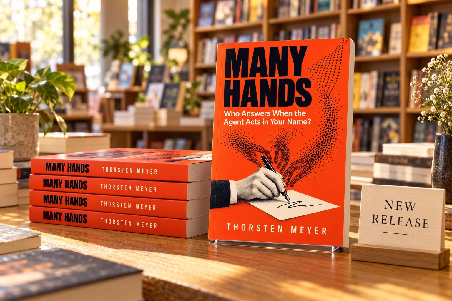 The book Many Hands by Thorsten Meyer displayed on a table in a warm bookstore next to a sign reading New Release