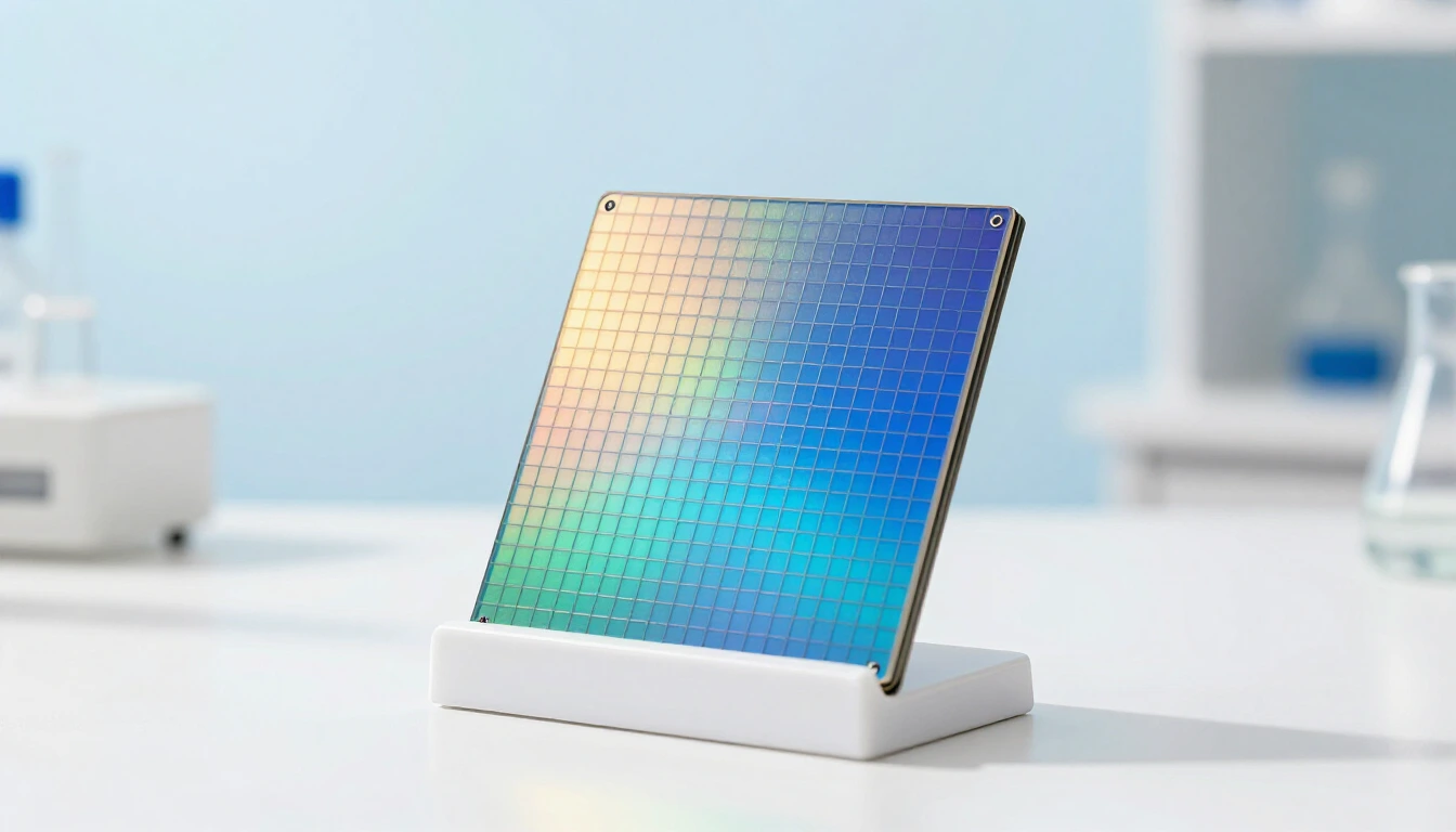 An iridescent silicon panel with a fine grid pattern standing on a white holder in a bright laboratory